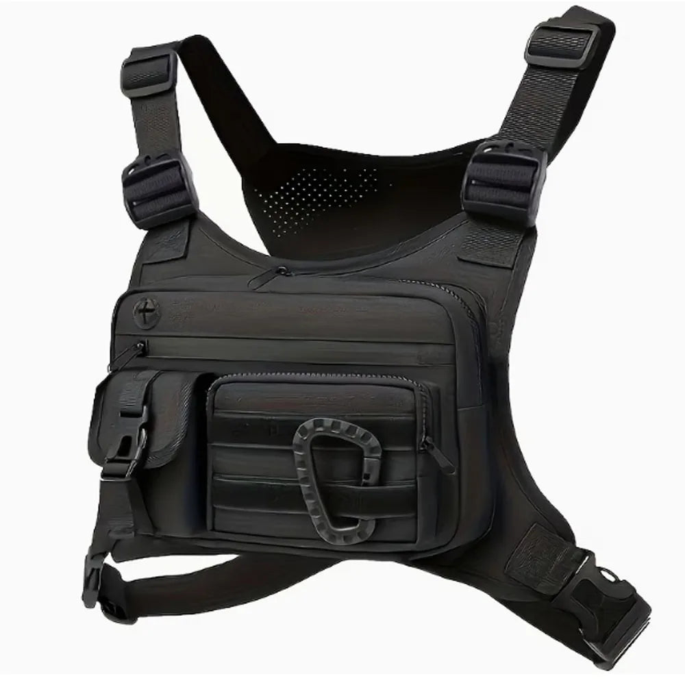 Black men's outdoor activity chest bag by Corporación Turística, featuring adjustable strap and compact design for outdoor adventures.