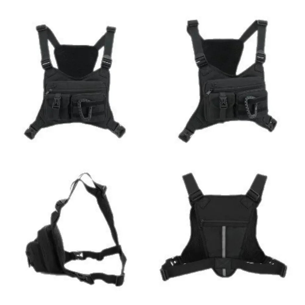 Black men's outdoor activity chest bag by Corporación Turística, compact design with adjustable strap and multiple compartments.