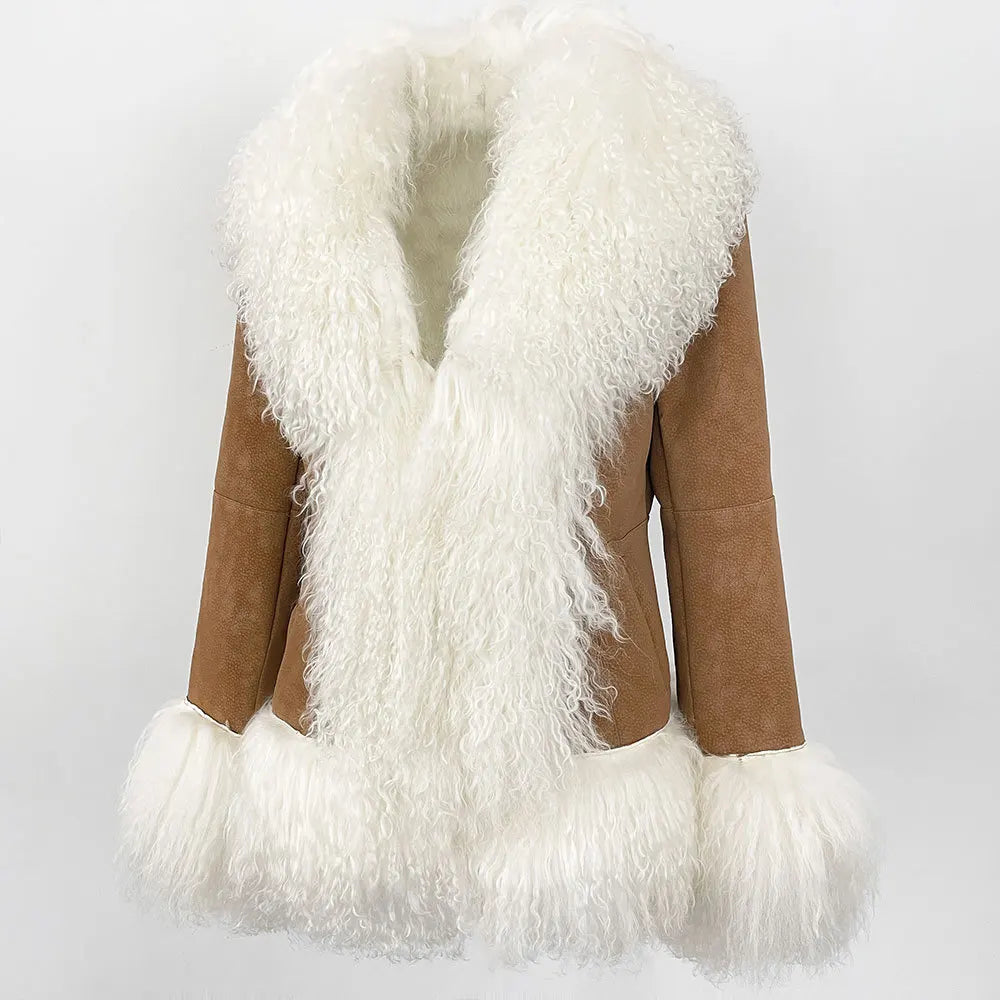 Black and brown genuine rabbit fur coat with wool collar, XL size, stylish and warm, from Corporación Turística.
