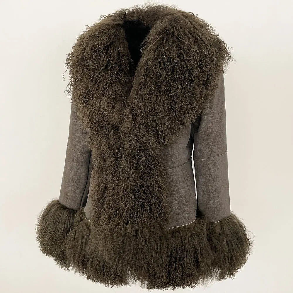 Black and brown genuine rabbit fur coat with a wool collar, featuring a stylish design and plush texture.