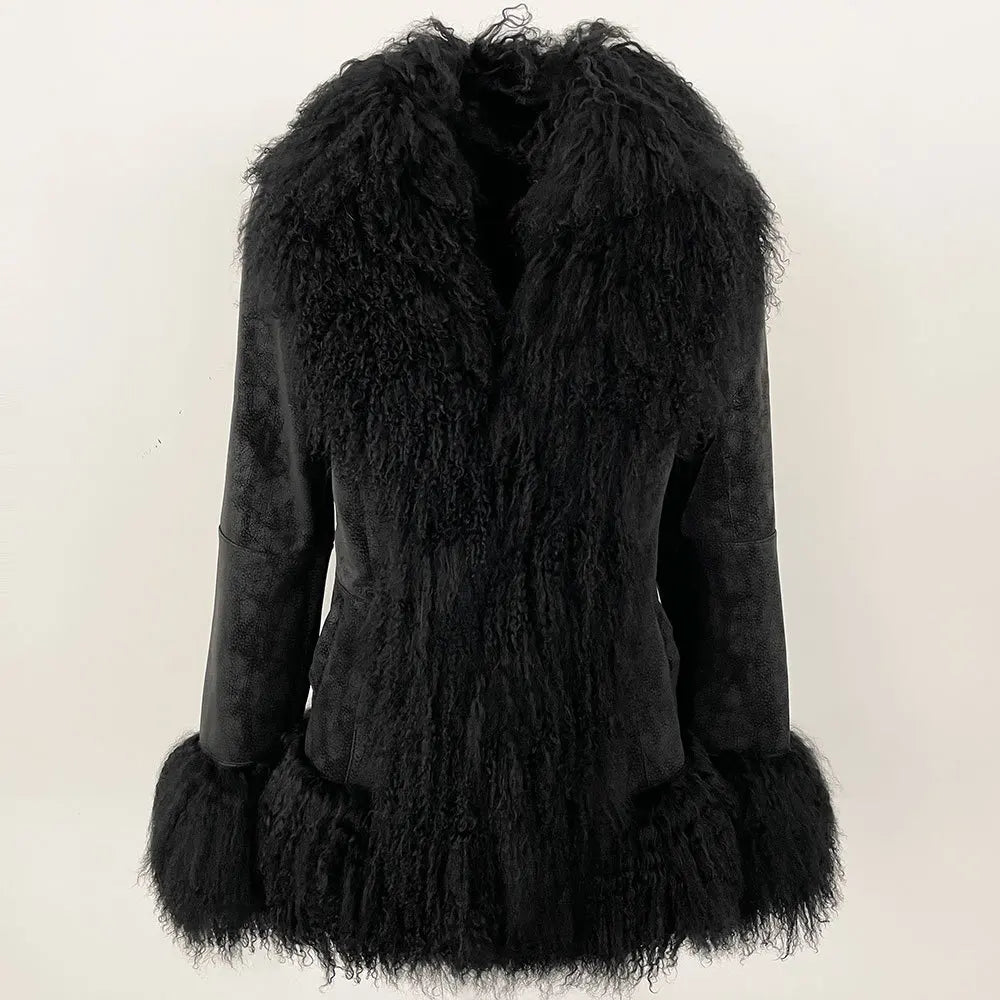 Black and brown genuine rabbit fur coat with a wool collar, size XL, by Corporación Turística, shown on a hanger.