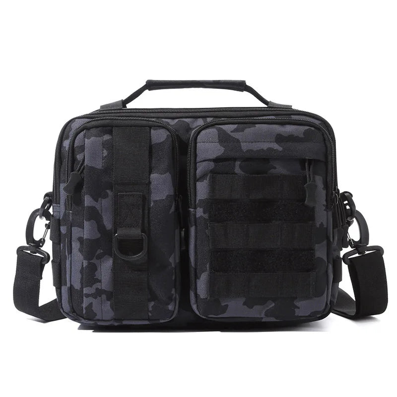 Black camouflage tactical hiking shoulder bag by Corporación Turística, designed for camping and outdoor adventures.