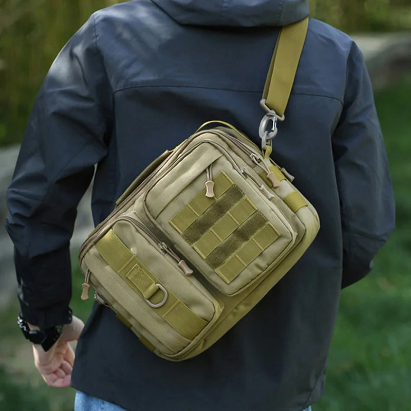 Black camouflage tactical hiking shoulder bag from Corporación Turística, ideal for camping and outdoor adventures.