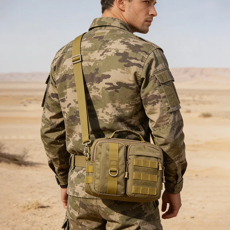 Black camouflage tactical hiking shoulder bag from Corporación Turística, ideal for camping and outdoor adventures.