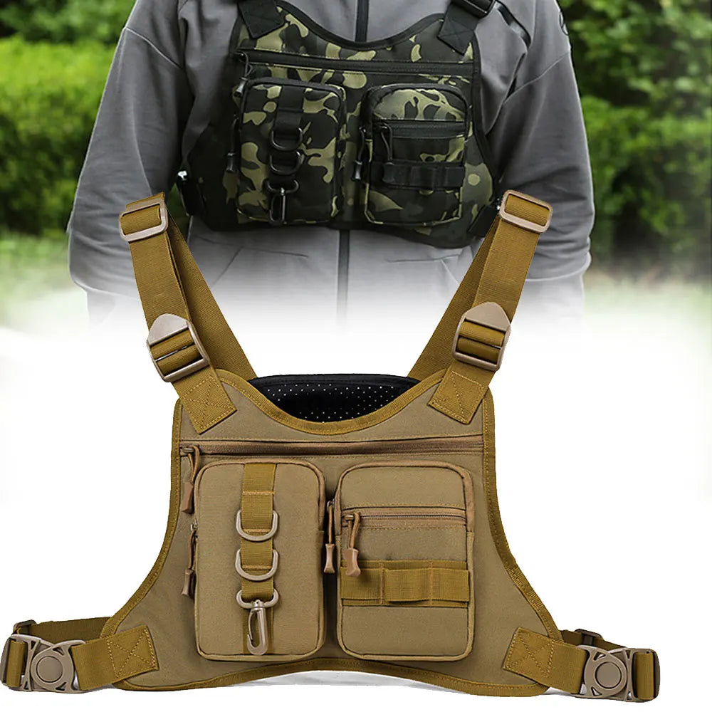 Black camo tactical vest with front Molle system and chest pouch, designed for military or outdoor use by Corporación Turística.