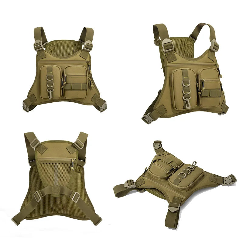 Black camouflage tactical vest with front MOLLE system and chest pouch, designed for outdoor and tactical use.