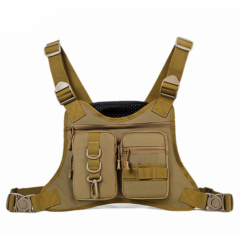 Black camo tactical vest with molle front panel and chest pouch from Corporación Turística, designed for outdoor and tactical use.