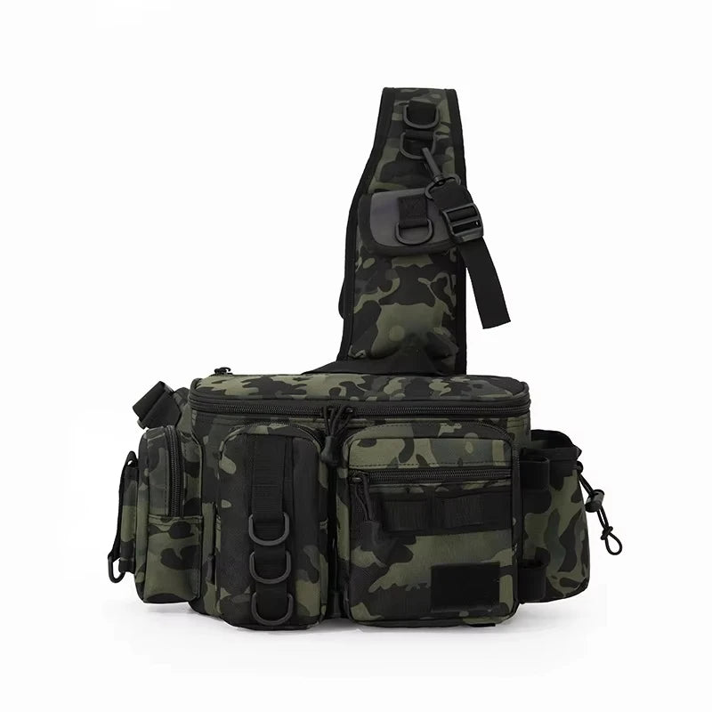 Black camouflage travel backpack for camping and fishing with support straps, made by Corporación Turística.