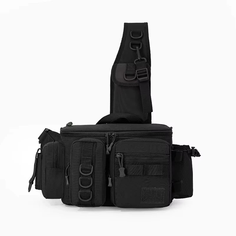 Black camouflage travel backpack for camping and fishing with support, by Corporación Turística, showing multiple compartments and adjustable straps.