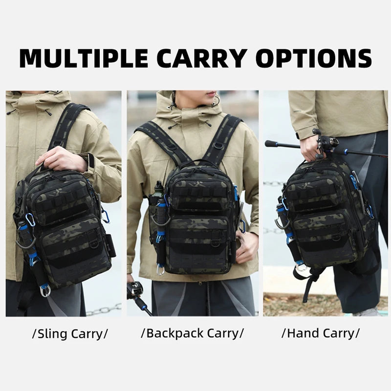 Black camouflage tactical backpack for outdoor camping and climbing by Corporación Turística, with multiple compartments and padded straps.
