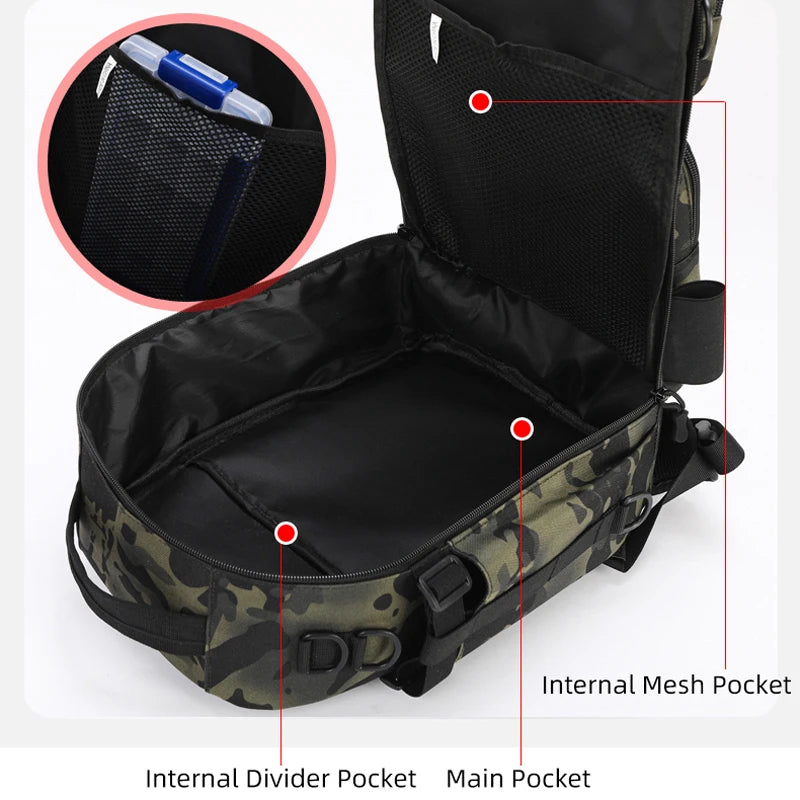 Black camouflage tactical backpack for outdoor camping and climbing, featuring multiple compartments and durable straps.