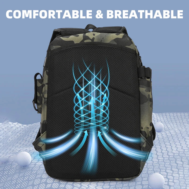 Black camouflage tactical backpack for outdoor camping and climbing by Corporación Turística with multiple compartments and sturdy straps.
