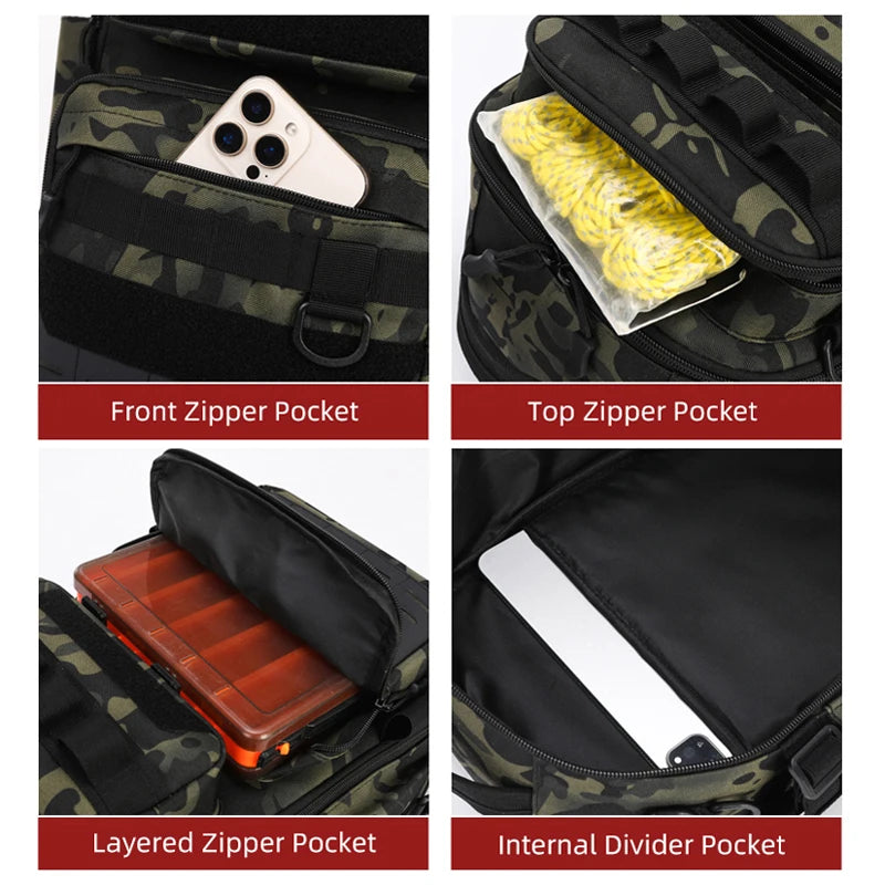 Black camouflage tactical backpack by Corporación Turística for outdoor camping and climbing adventures.