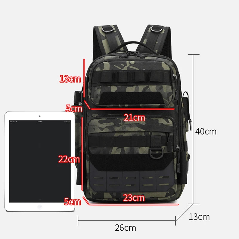 Black camouflage tactical backpack for outdoor camping and climbing by Corporación Turística, with multiple compartments and durable straps.