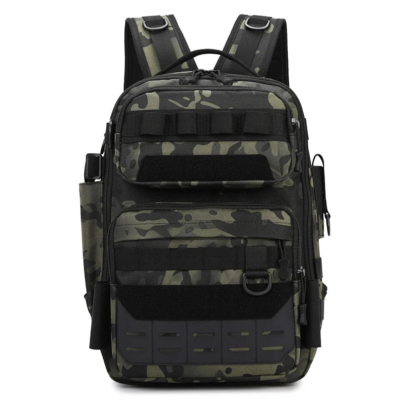 Black camouflage tactical backpack for outdoor camping and climbing by Corporación Turística, with multiple compartments and rugged design.