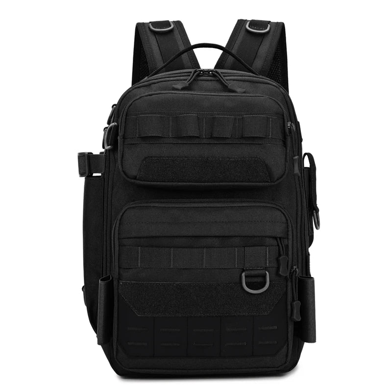 Black camouflage tactical backpack for outdoor camping and climbing by Corporación Turística, featuring multiple compartments and durable straps.