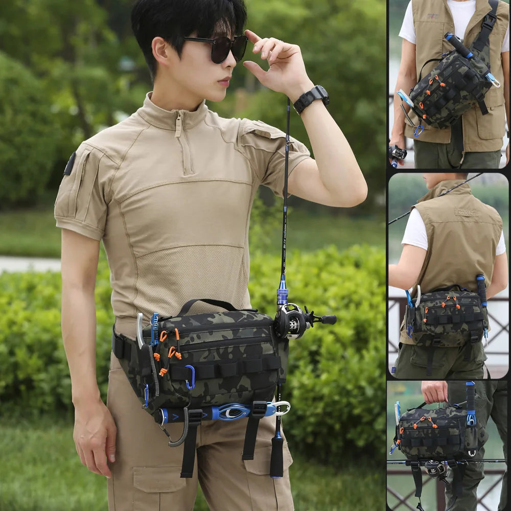 Black camouflage tactical waist and chest pack by Corporación Turística, designed for outdoor activity storage and convenience.