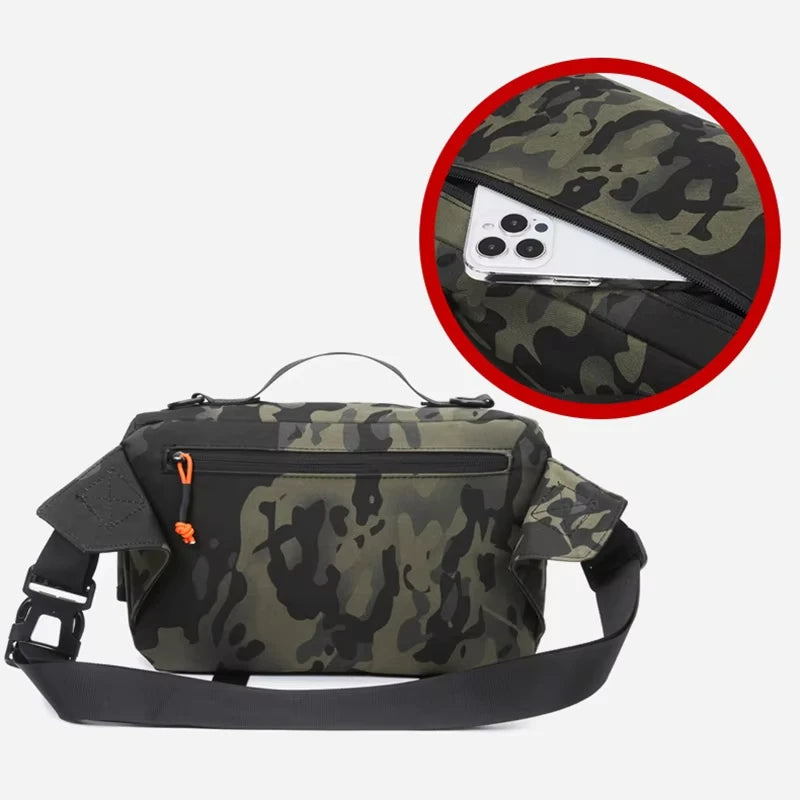 Black camouflage tactical fanny pack and chest bag by Corporación Turística, designed for outdoor activities and outdoor adventures.