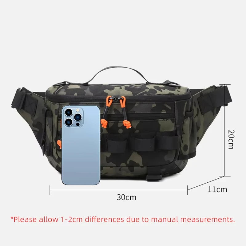Black camouflage tactical fanny pack and chest pack by Corporación Turística, suitable for outdoor activities and hiking.