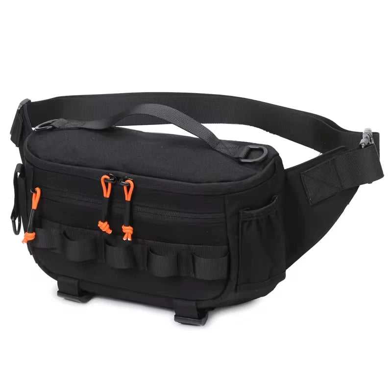 Black camouflage tactical fanny pack and chest pack from Corporación Turística, designed for outdoor activities and versatile carrying.