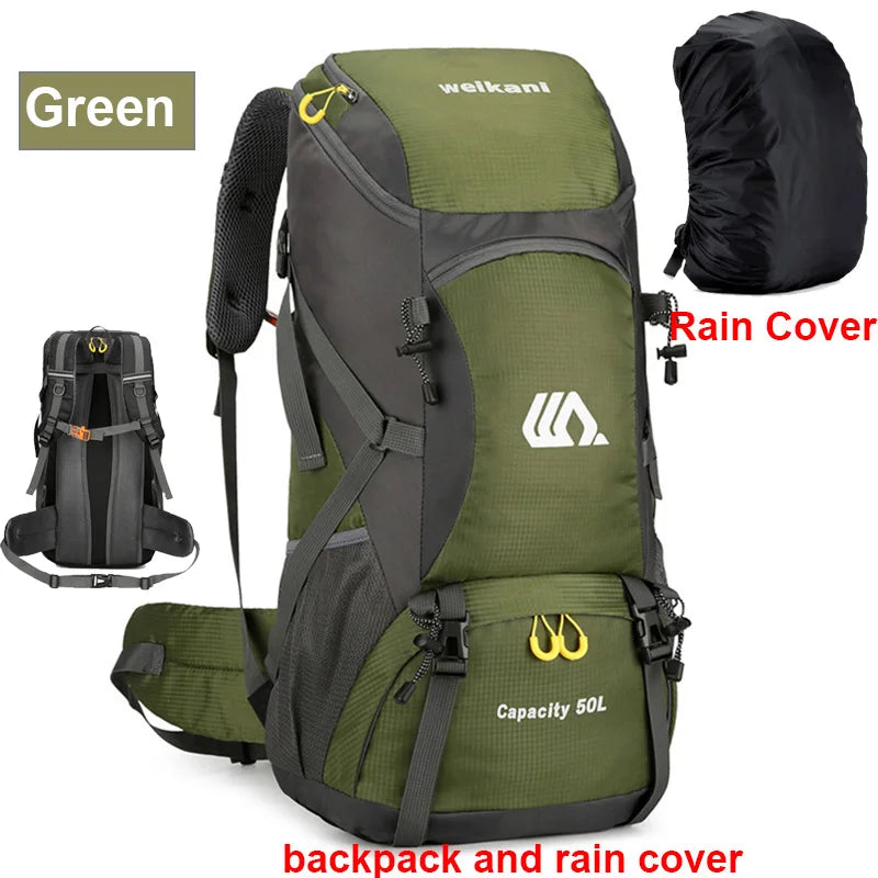 Black 50L travel backpack for camping by Corporación Turística, showing its spacious design and sturdy straps for outdoor adventures.