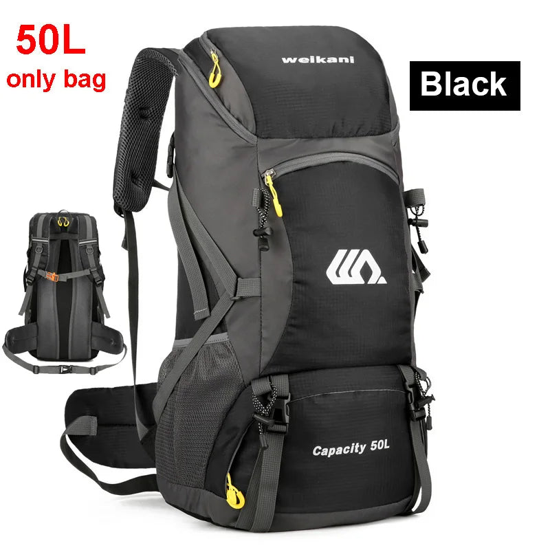 Black 50L travel backpack by Corporación Turística, camping gear with large capacity and multiple compartments for outdoor adventures.