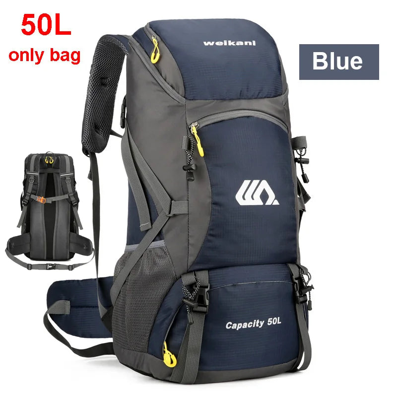 Black 50L travel camping backpack by Corporación Turística with multiple compartments and adjustable straps for outdoor adventures.