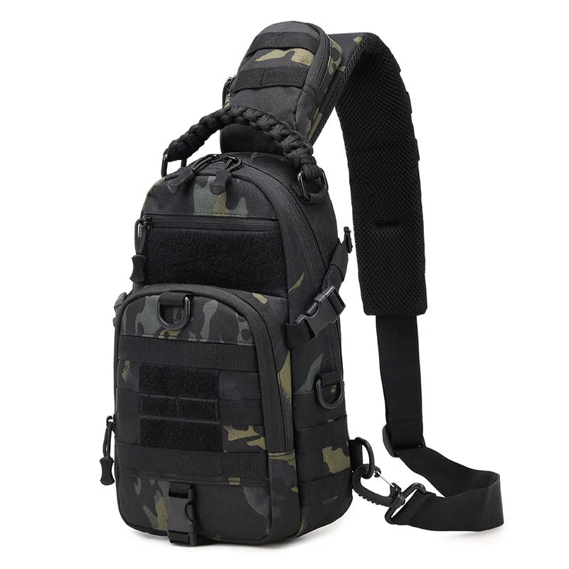 Black tactical camping chest bag for men, durable backpack with multiple compartments by Corporación Turística.