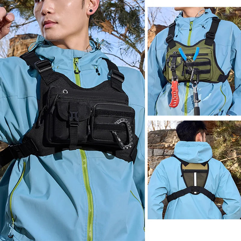 Black outdoor sports chest bag and vest by Corporación Turística, lightweight and functional for outdoor activities.