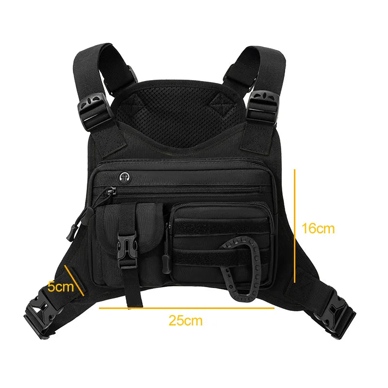 Black outdoor sports chest bag with adjustable straps and multiple compartments, ideal for hiking and outdoor activities.