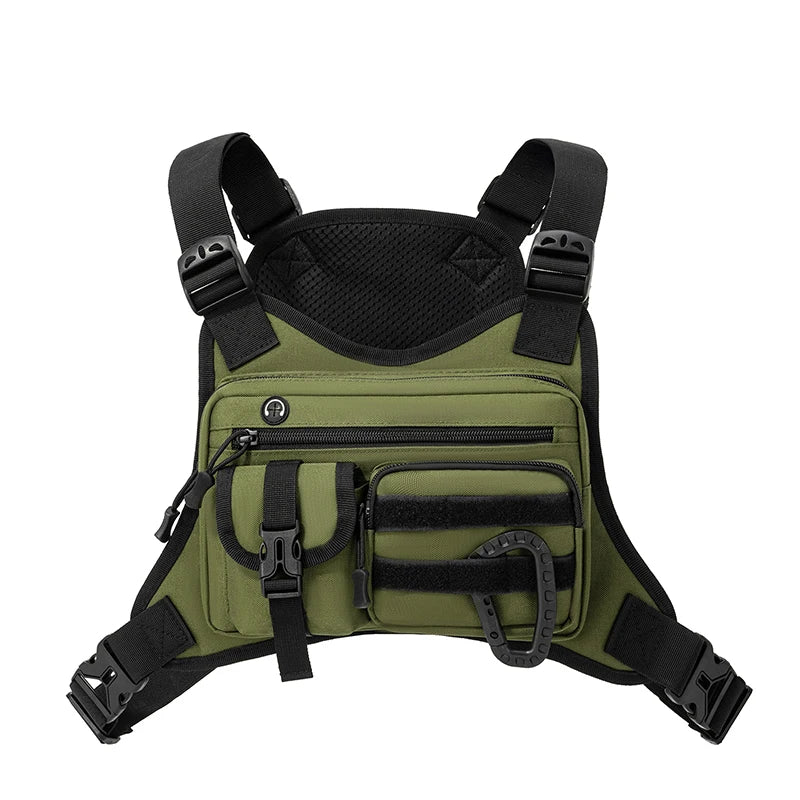 Black outdoor sports chest bag by Corporación Turística, lightweight vest with multiple compartments for outdoor activities.