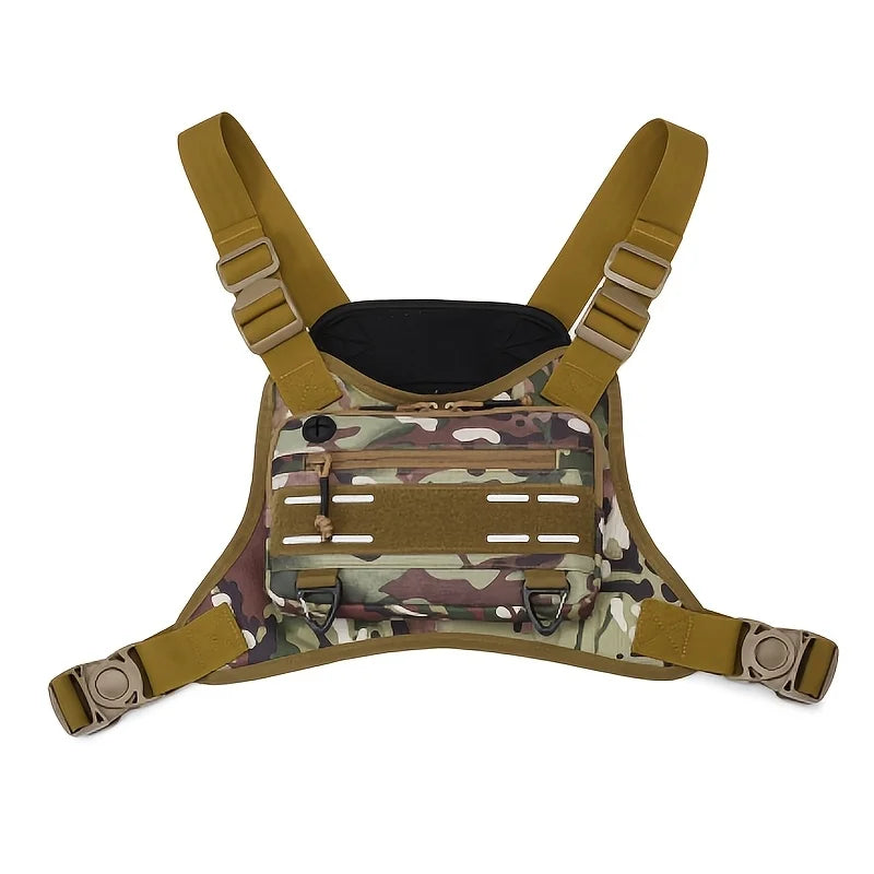 Black tactical vest with chest bag and camping backpack from Corporación Turística, featuring multiple compartments and adjustable straps.
