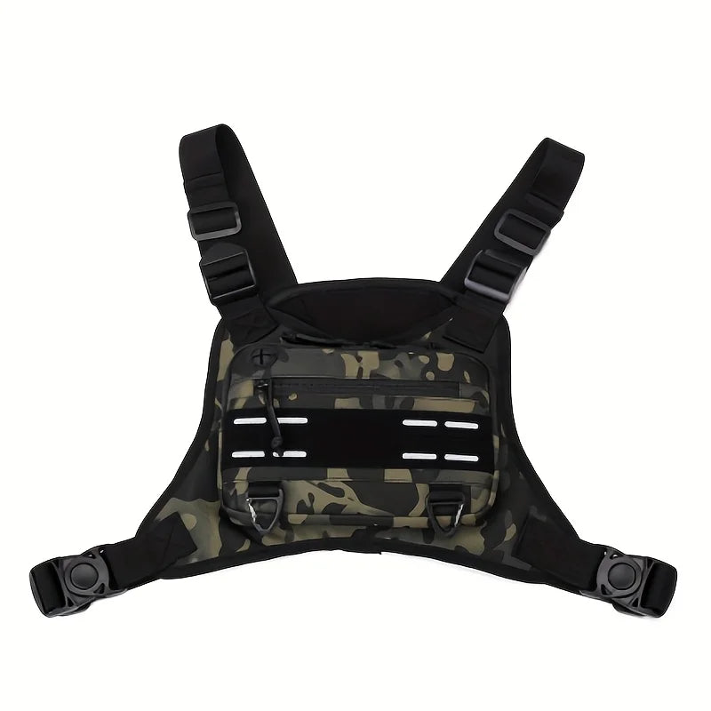 Black tactical vest with chest pouch and camping backpack by Corporación Turística, featuring multiple compartments for outdoor gear.