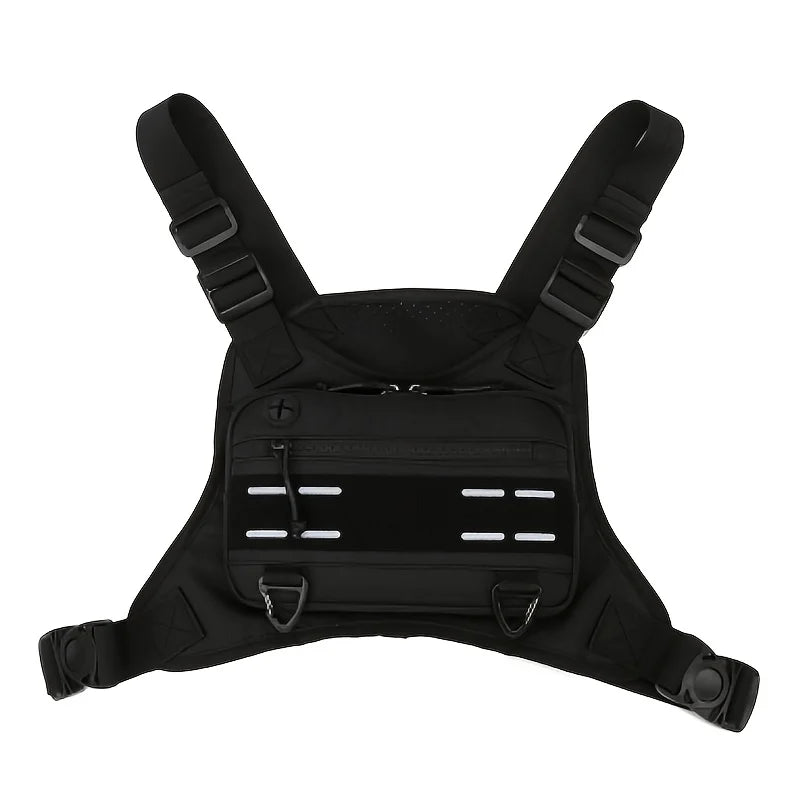 Black tactical vest with chest bag and camping backpack from Corporación Turística, designed for outdoor adventures.