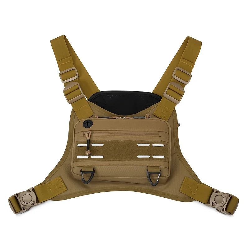 Black tactical vest with chest bag and camping backpack, designed for outdoor adventures and tactical use.