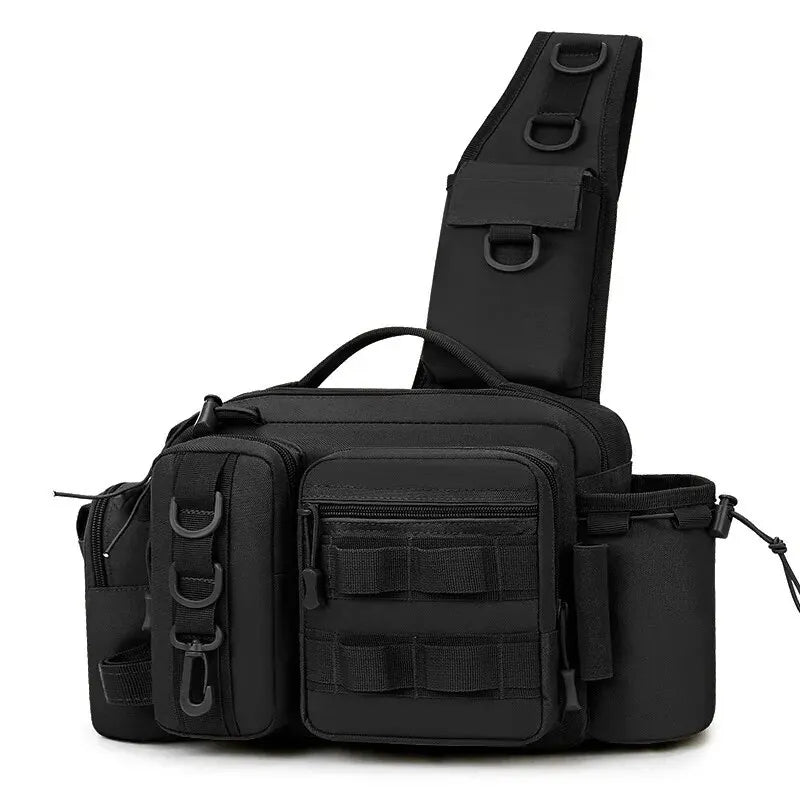 Black fishing tackle backpack for men by Corporación Turística, with multiple compartments for fishing gear storage.