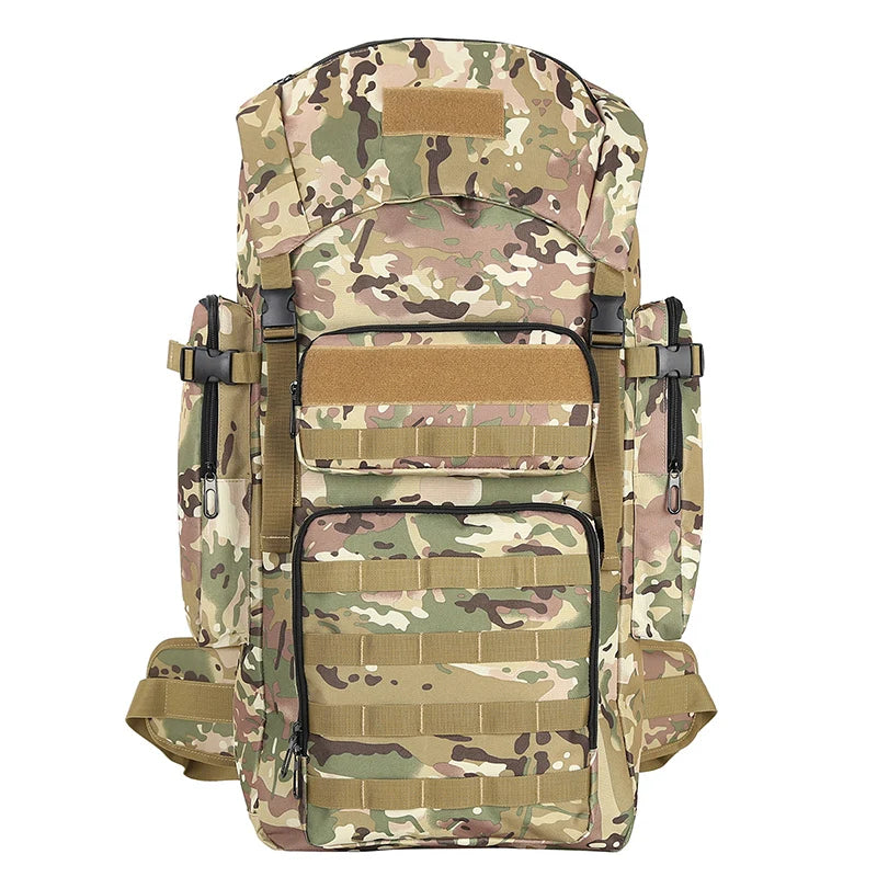 Black tactical backpack for climbing, camping, hiking, and cycling by Corporación Turística, with multiple compartments and adjustable straps.