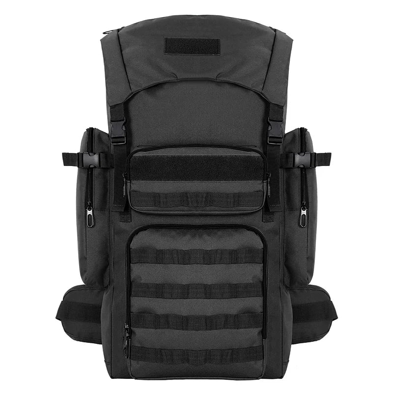 Black tactical backpack from Corporación Turística designed for climbing, camping, hiking, and cycling activities.