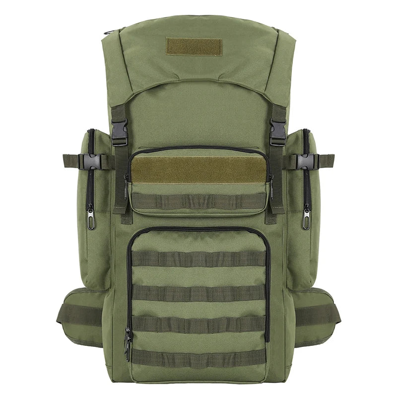 Black tactical backpack for climbing, camping, hiking, and cycling by Corporación Turística, with adjustable straps and multiple compartments.