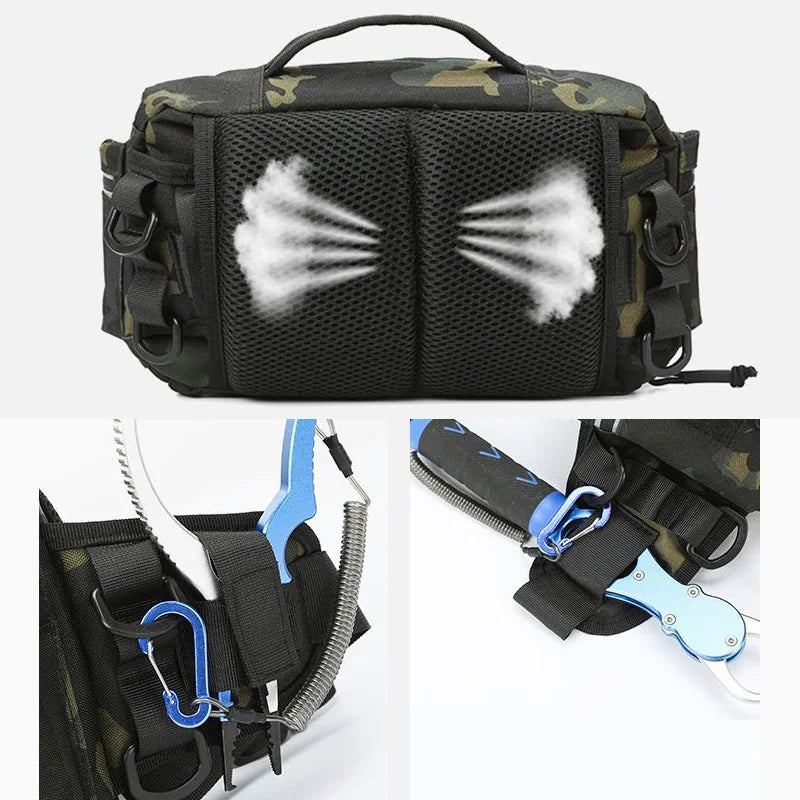 Black tactical fishing waist bag with multiple compartments and adjustable straps, ideal for travel and lure fishing.