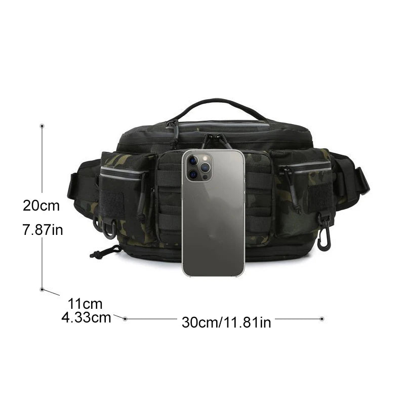 Black tactical fishing waist bag with lure compartments, suitable for travel and outdoor fishing, by Corporación Turística.