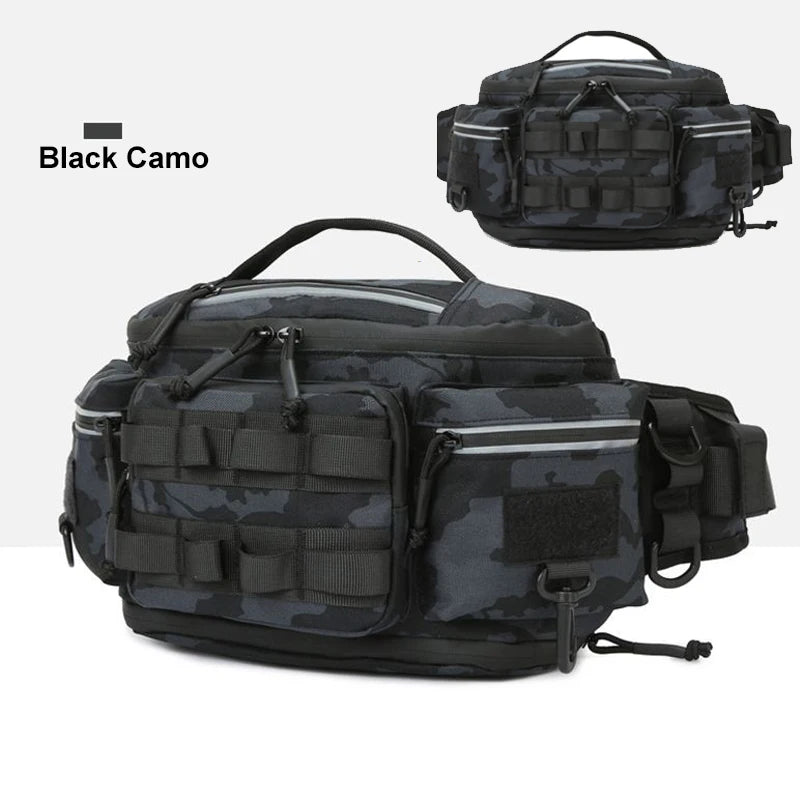 Black tactical fishing waist bag with lure compartments and travel backpack design by Corporación Turística