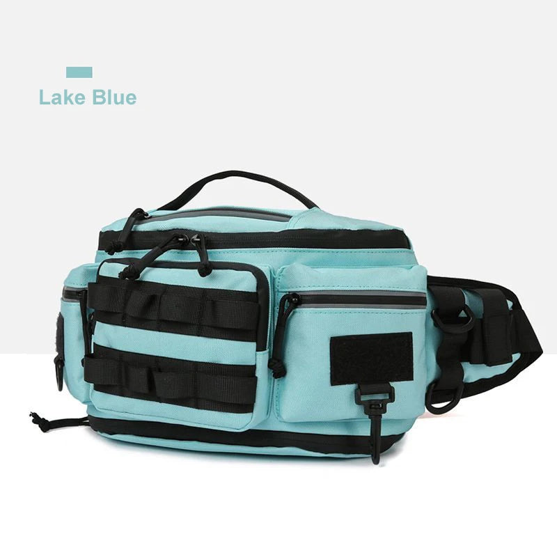 Black tactical fishing waist bag with multiple compartments, designed for lure fishing and travel by Corporación Turística.