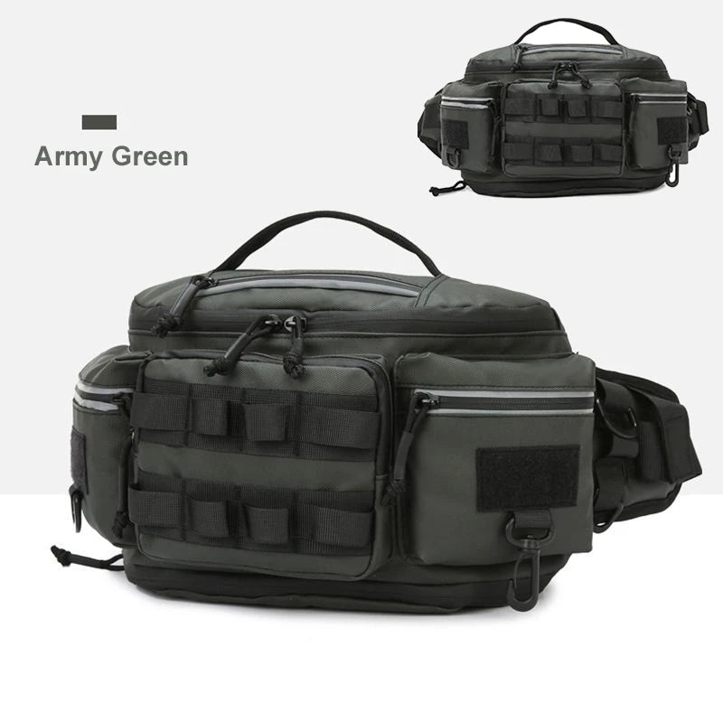 Táctica fishing waist bag with lure storage and travel backpack design by Corporación Turística, black color with multiple compartments.