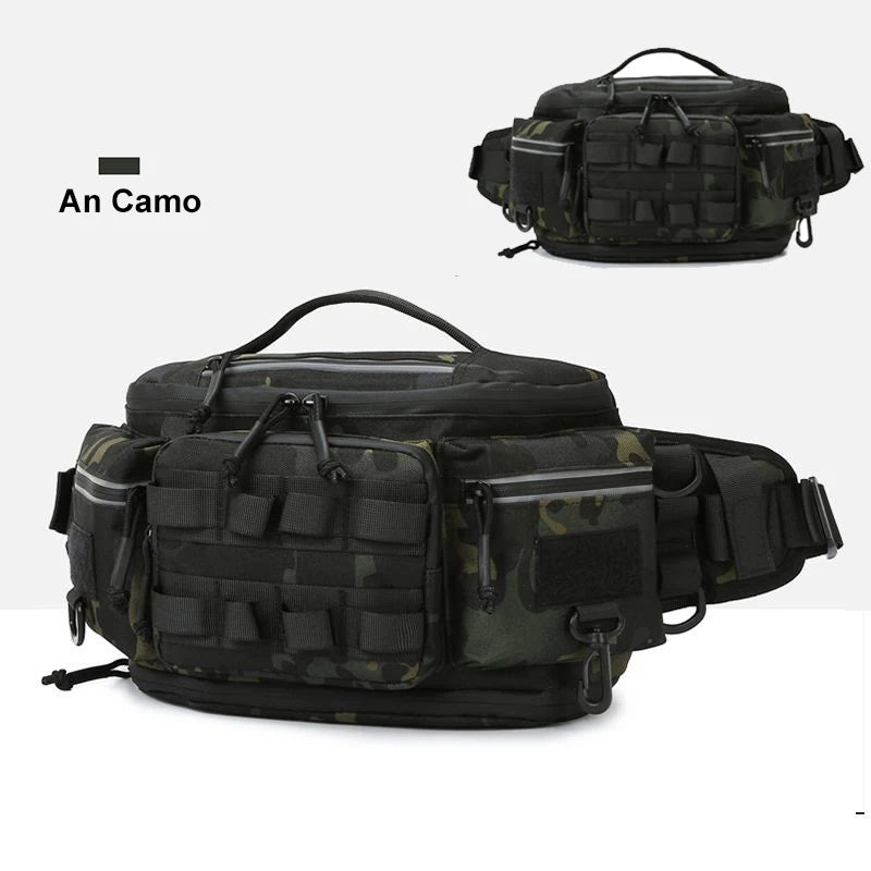 Black tactical fishing waist bag with compartments for lures, designed for travel and fishing by Corporación Turística.