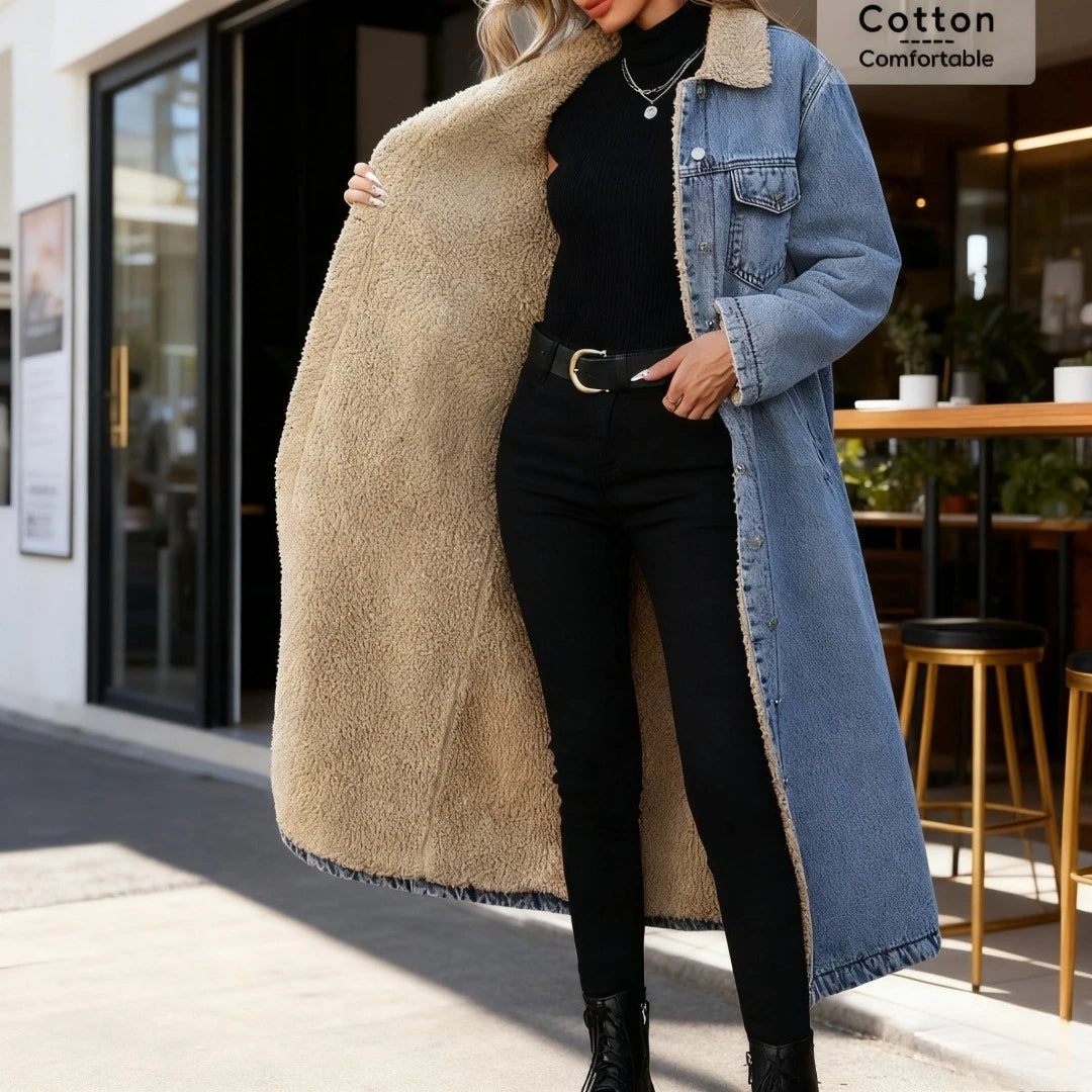 Medium-length black and gray synthetic leather coat for women, stylish and warm, from Corporación Turística.