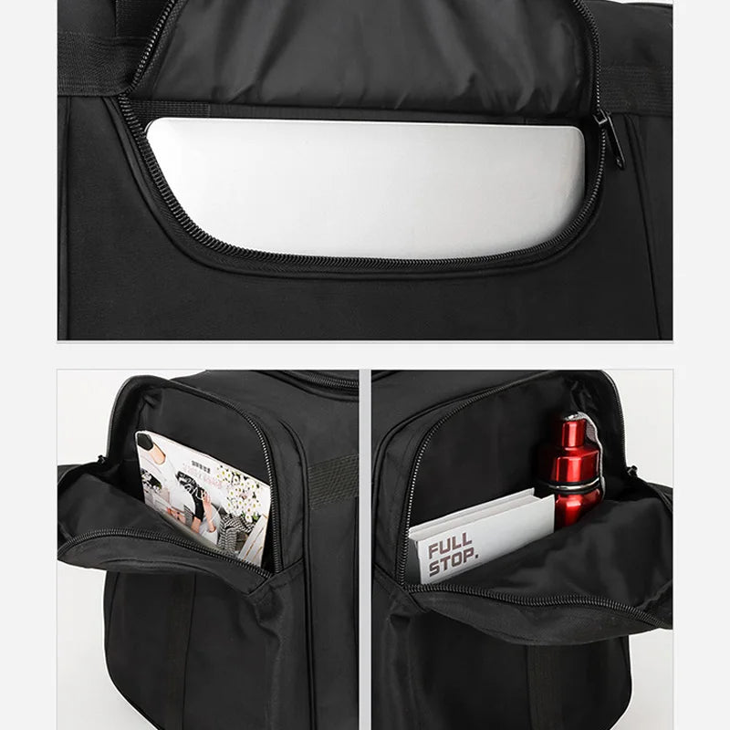 Large travel bag for men and women by Corporación Turística, sports-style black duffel bag with spacious interior.