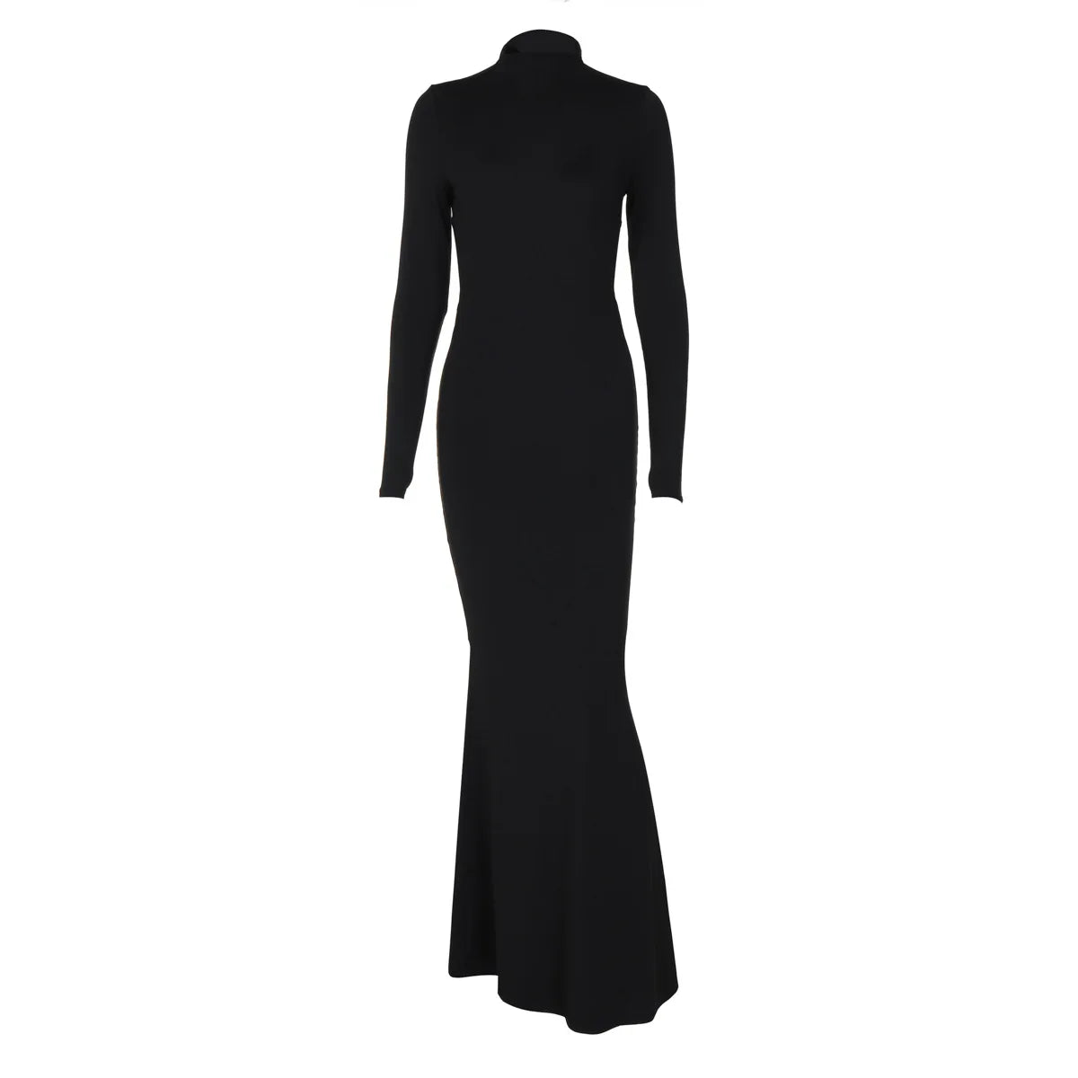 Black long midnight dress with a medium neckline by Corporación Turística, elegant and flowing with a sophisticated style.
