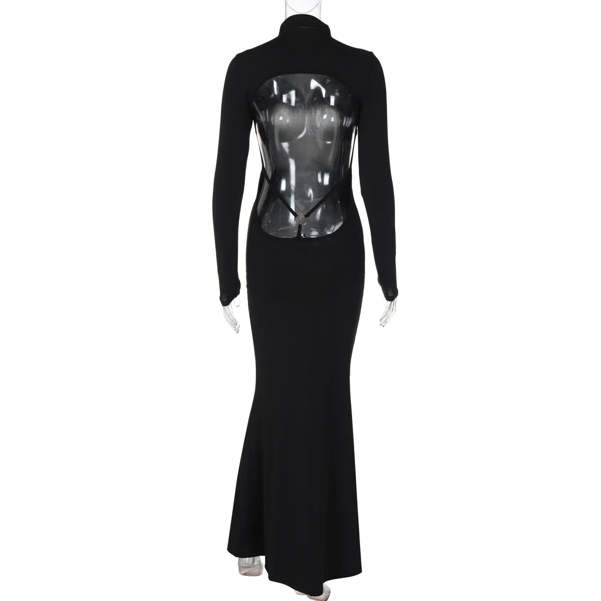 Black long midnight dress by Corporación Turística with a midi collar, elegant and flowing for formal evening occasions.