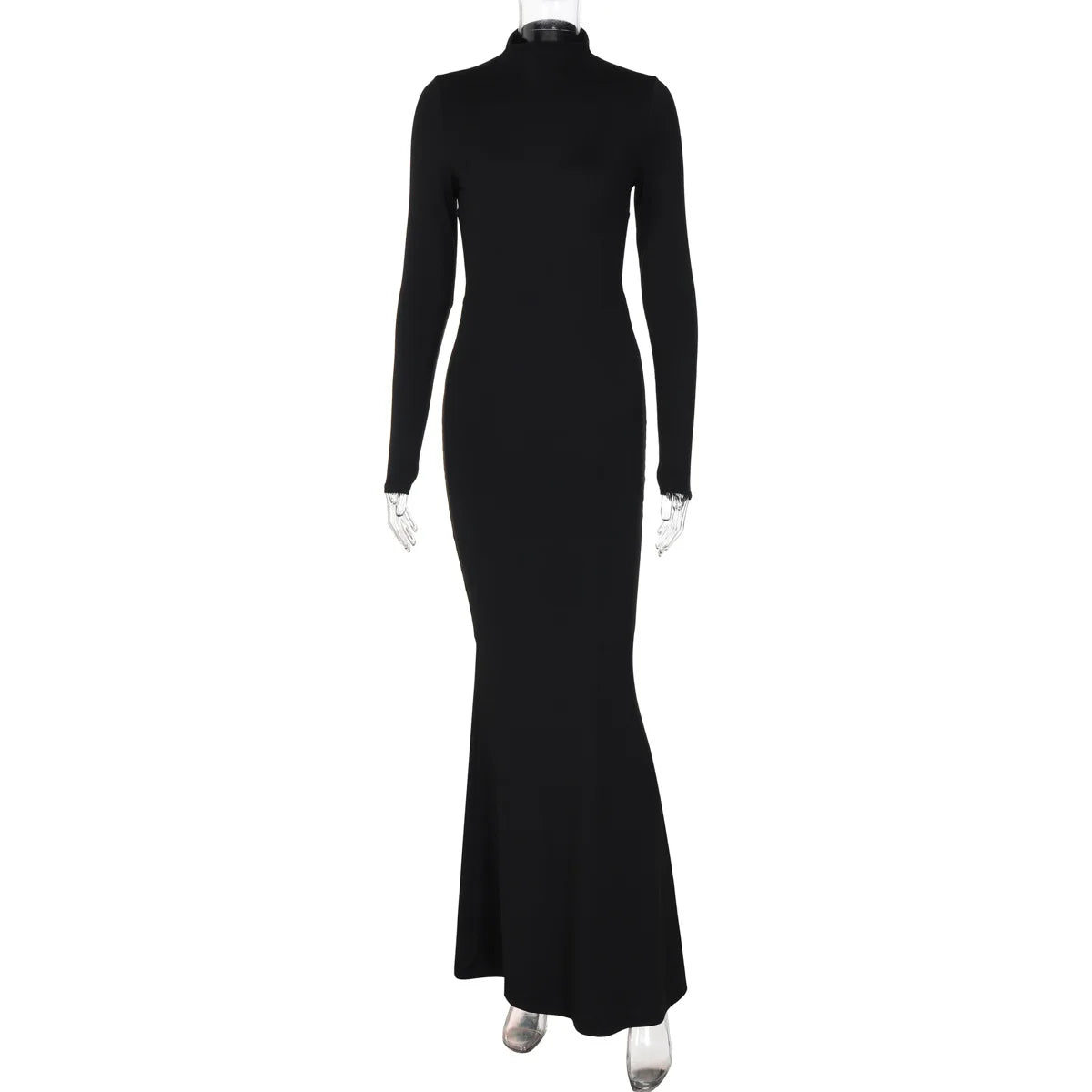 Black long evening dress with a mid-height collar, designed by Corporación Turística, shown on a model.